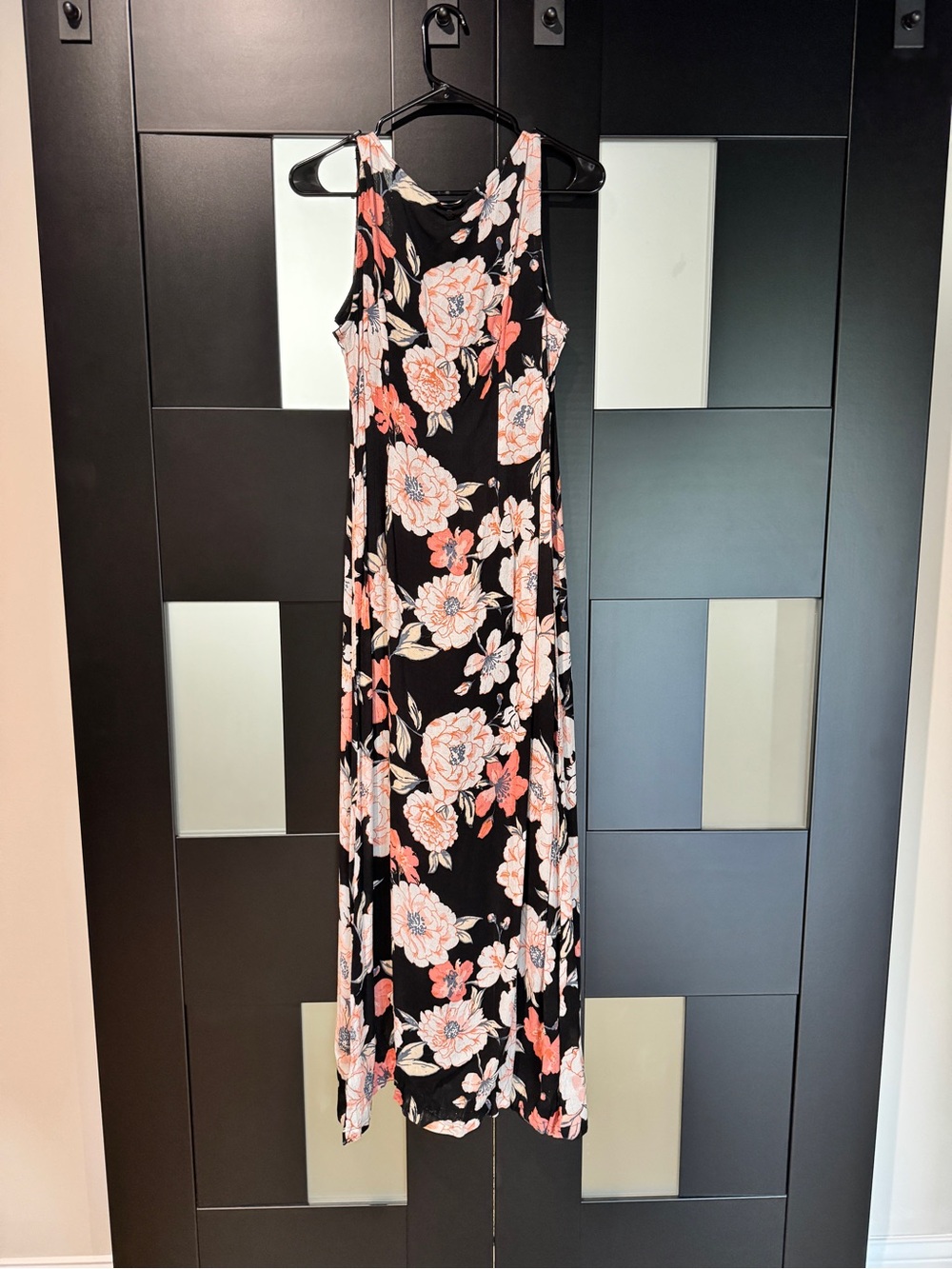 Roxy Black Floral High-Low Maxi Dress with Peach Blooms and black romper under. - Picture 7 of 8